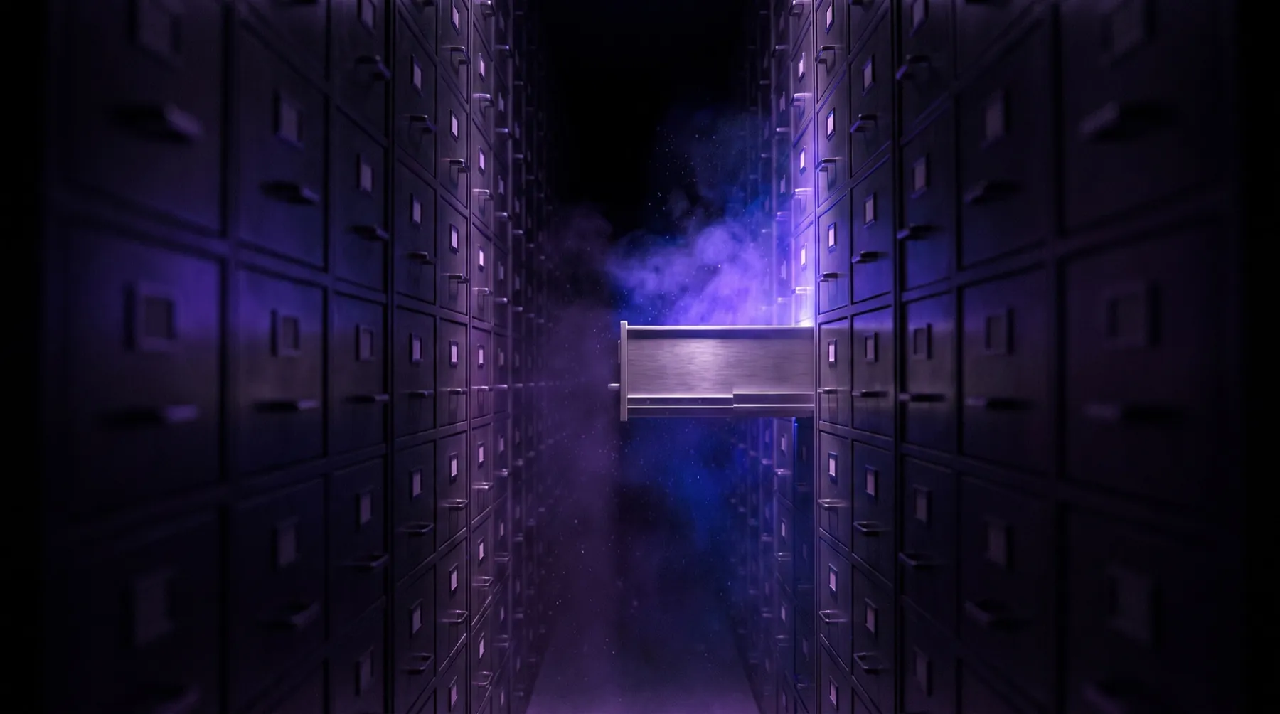Archivo infinito con un cajón abierto que emite luz azul