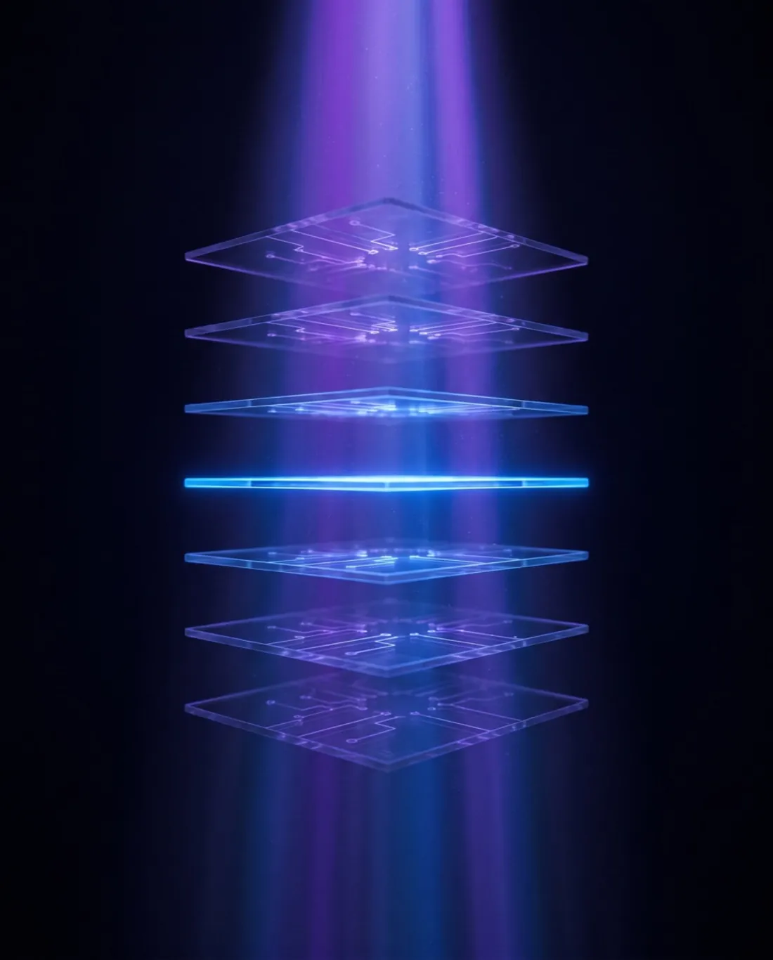 Capas de cristal apiladas atravesadas por un haz de luz