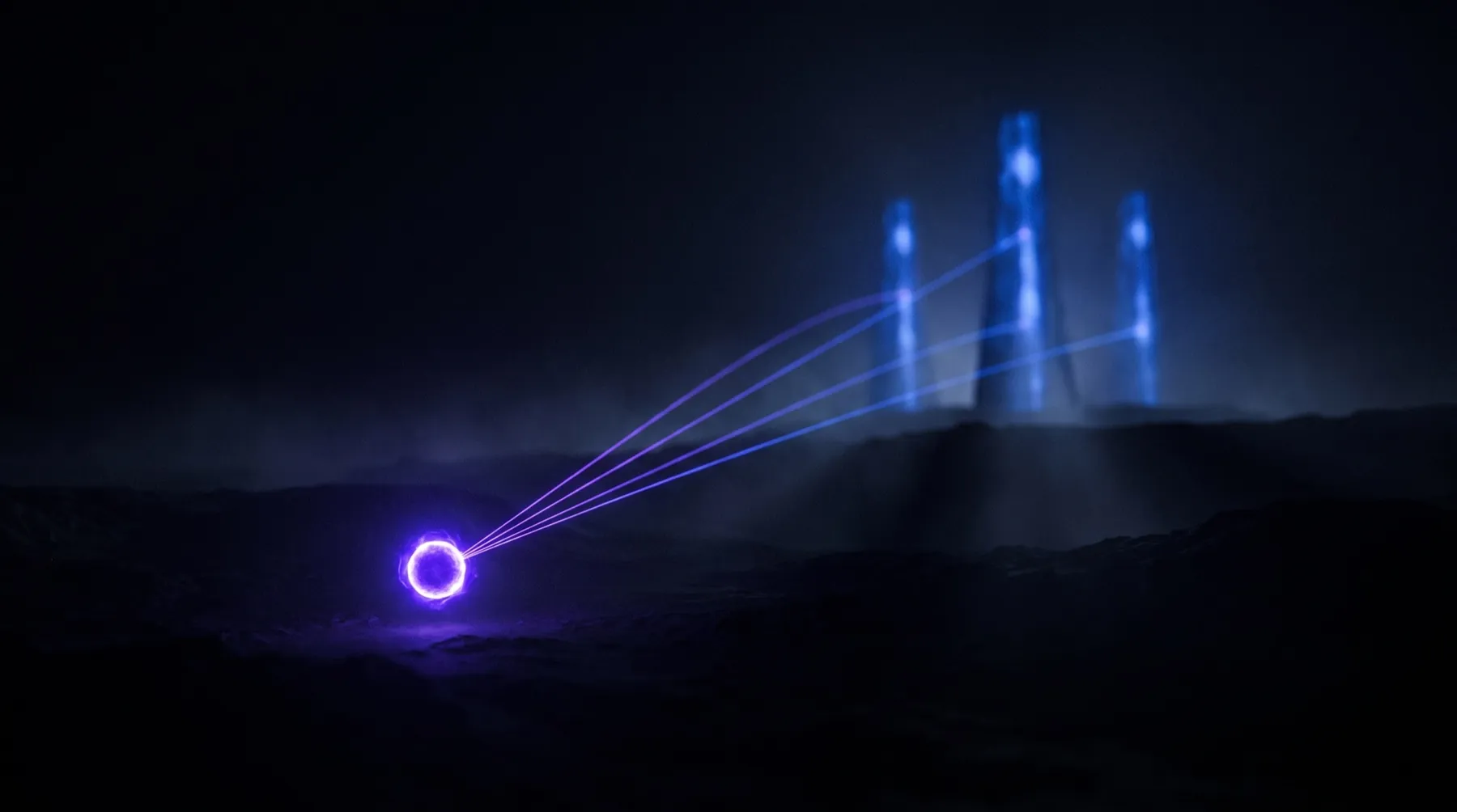 Un pequeño orbe violeta conectado por haces de luz a tres torres azules gigantes