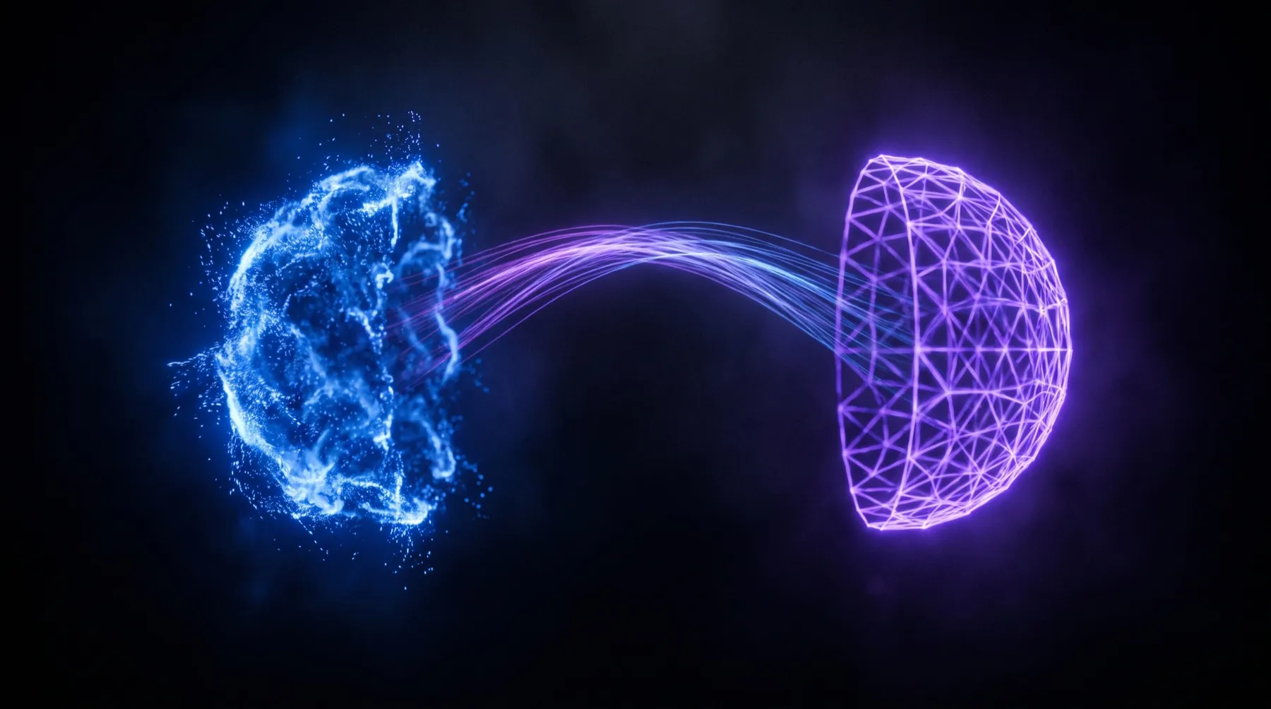 Dos hemisferios de luz: un enjambre azul rápido y una red violeta precisa unidos por un puente