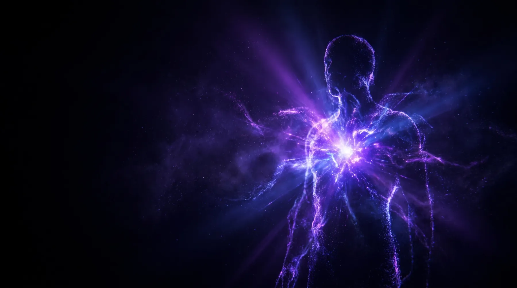 Silueta humana de partículas violetas naciendo de una nube cósmica